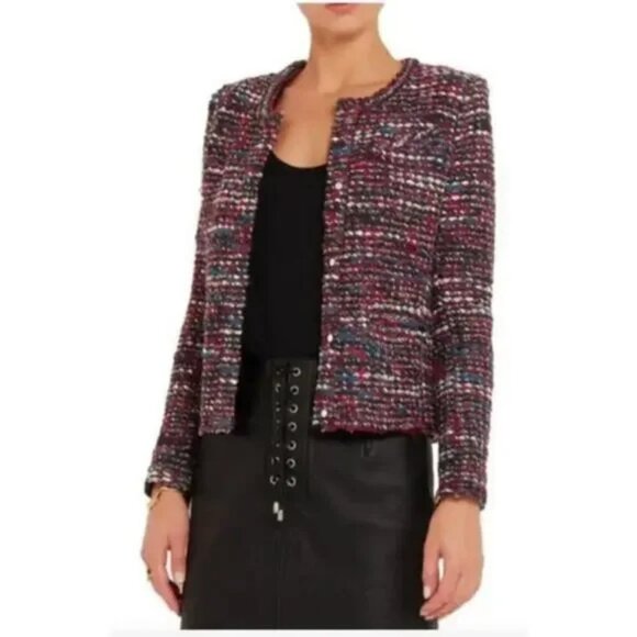 IRO Carene Tweed Jacket Blazer Knit Knotted Boucle Red Black Wool Blend Size 10 - Picture 1 of 5